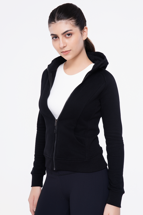 Wavryn Midnight Sweatshirt in black – women's zip-up workout sweatshirt back view